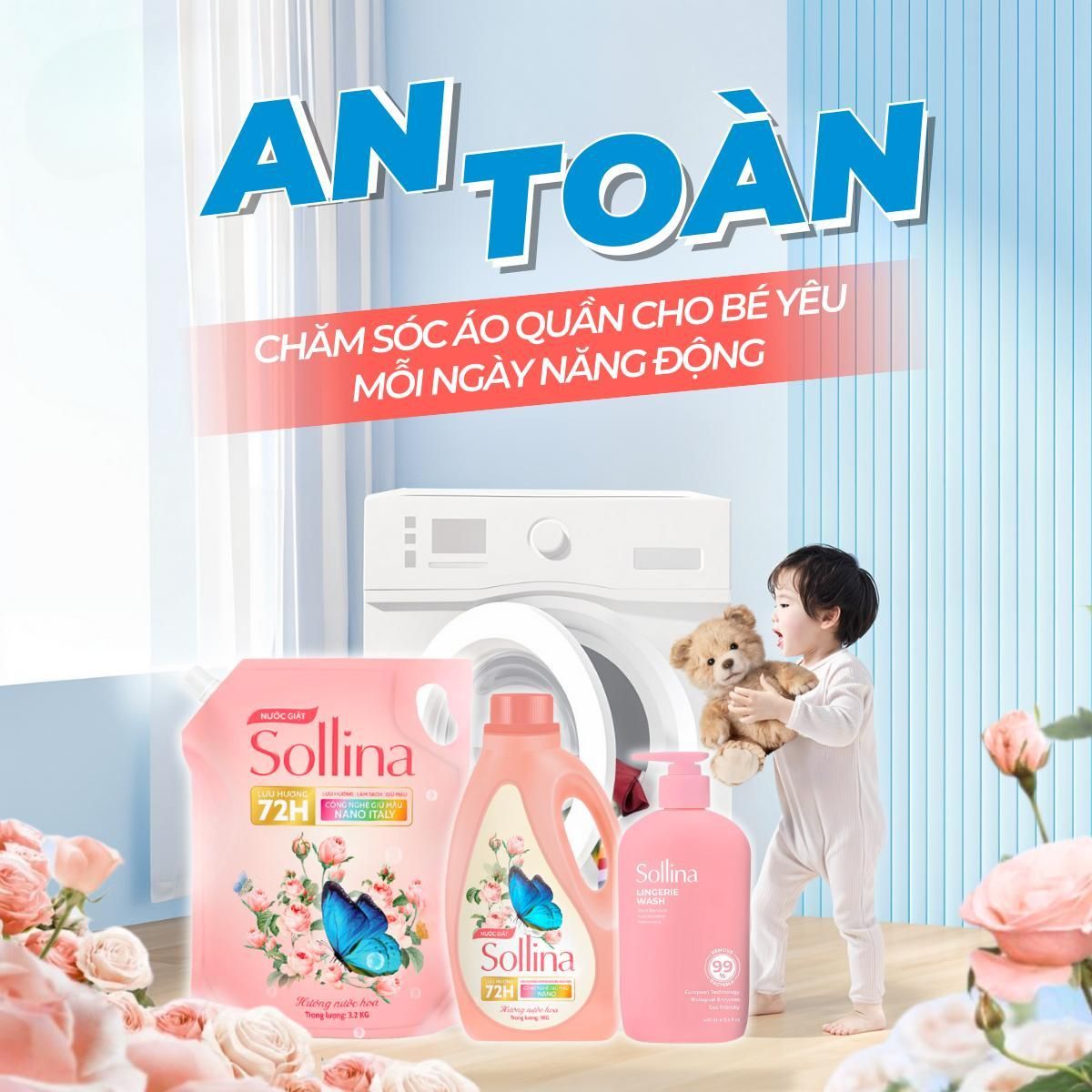 Combo 2 Nước Giặt Sollina Kháng Khuẩn 0.4L và 1L Thơm Lâu, Quần Lót Sạch Tinh Tươm 72H 3
