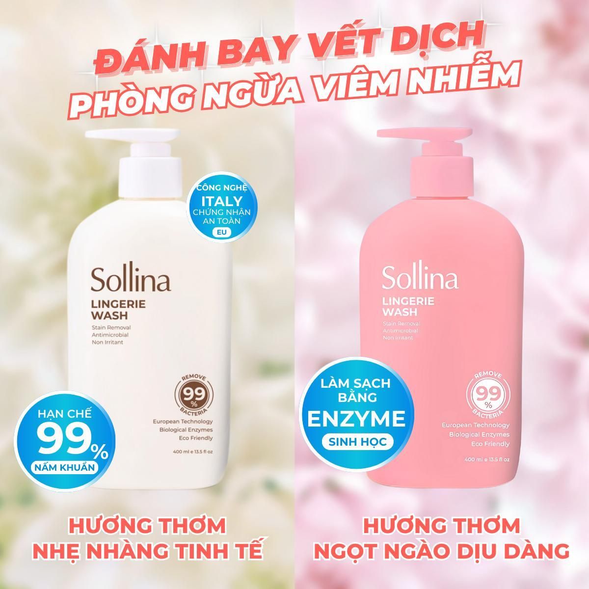 Combo 2 Nước Giặt Sollina Kháng Khuẩn 0.4L và 1L Thơm Lâu, Quần Lót Sạch Tinh Tươm 72H 4