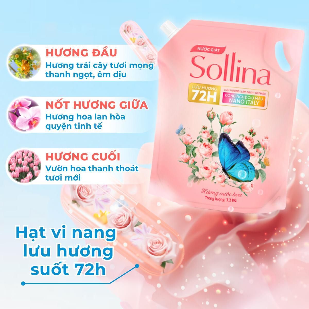Combo 2 Nước Giặt Sollina Kháng Khuẩn 0.4L và 1L Thơm Lâu, Quần Lót Sạch Tinh Tươm 72H 5