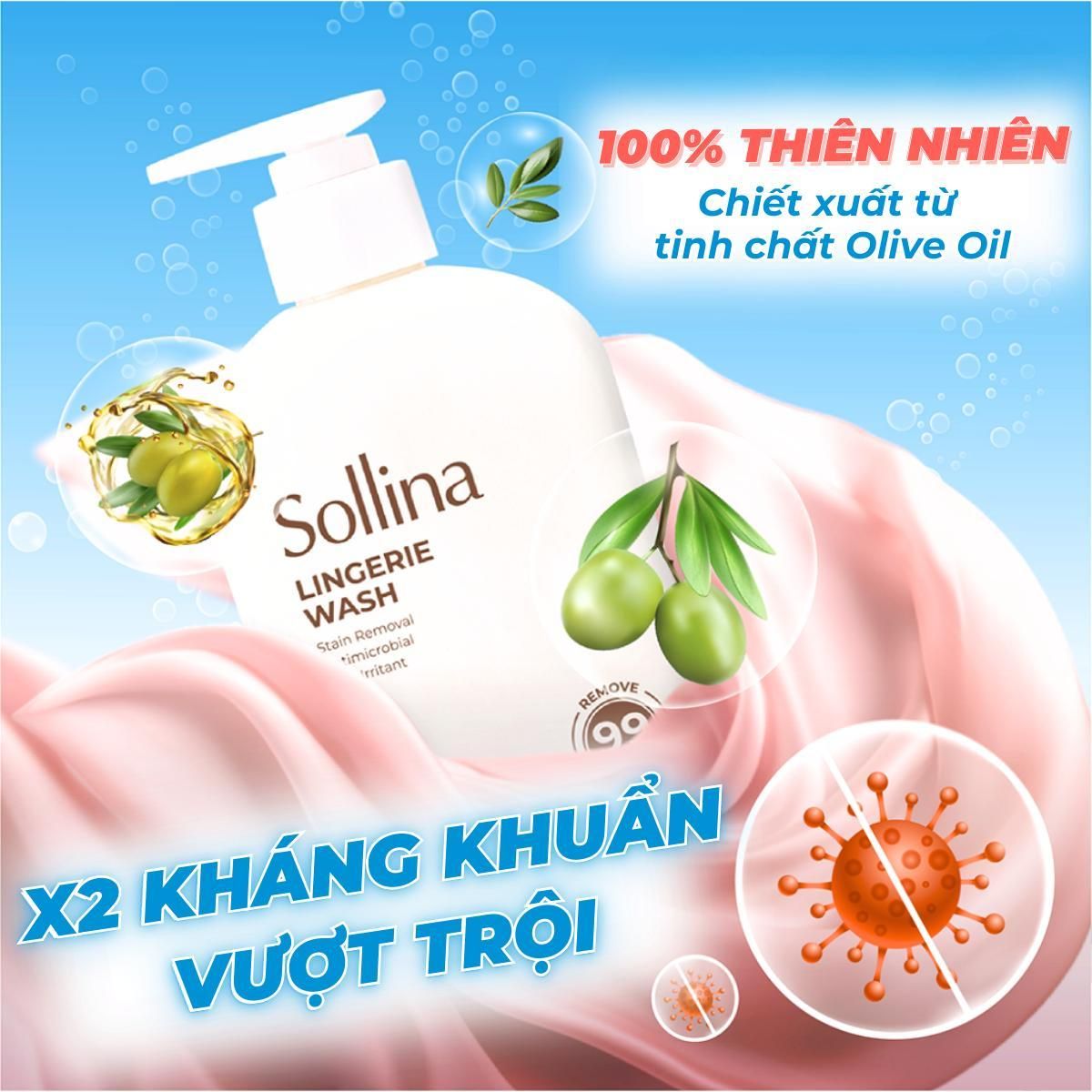 Combo 2 Nước Giặt Sollina Kháng Khuẩn 0.4L và 1L Thơm Lâu, Quần Lót Sạch Tinh Tươm 72H 6