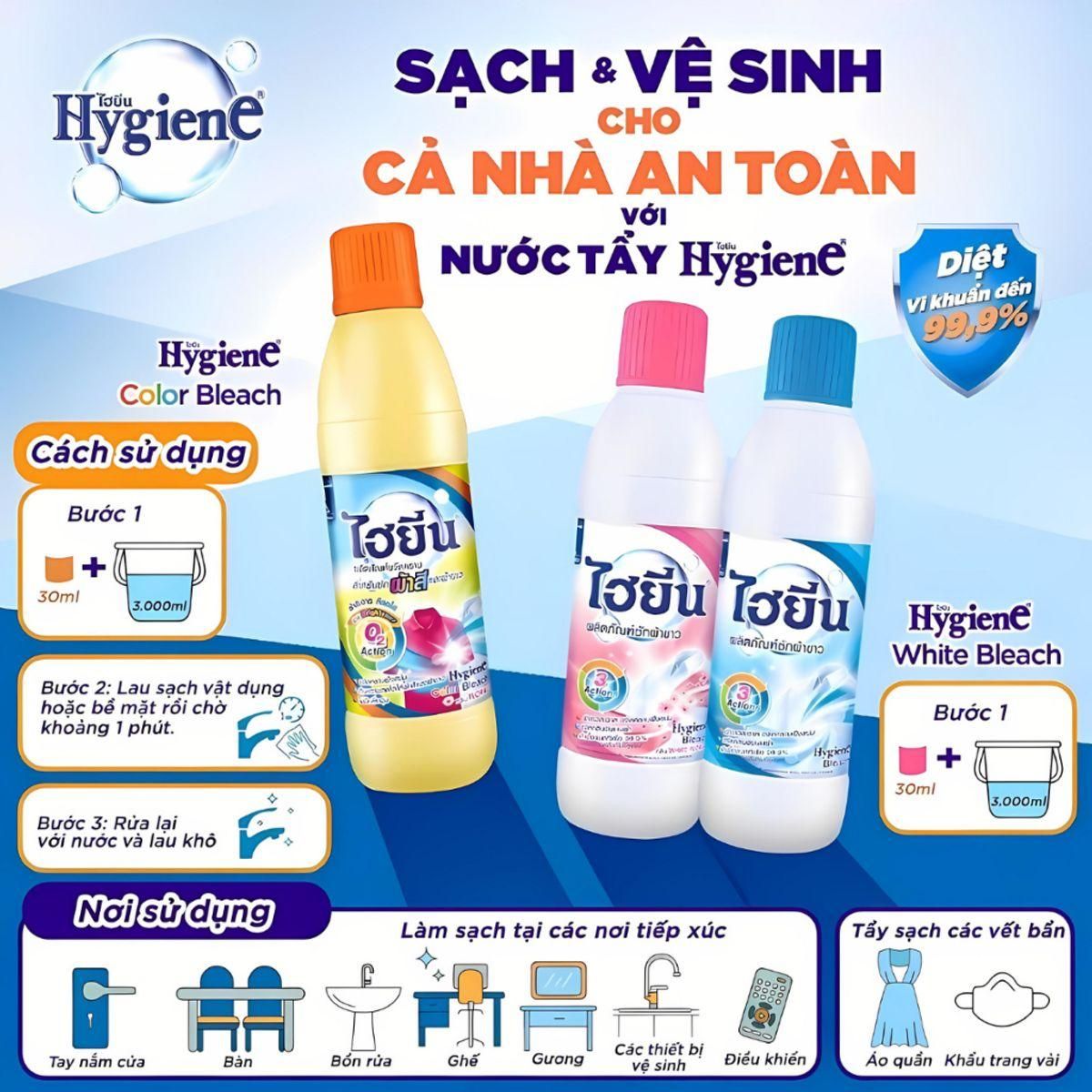 Tẩy Mốc Quần Áo Hygiene - Thuốc Tẩy Trắng Quần Áo Trắng Và Màu, Nước Tẩy Thái Lan 250/500/600ml 6