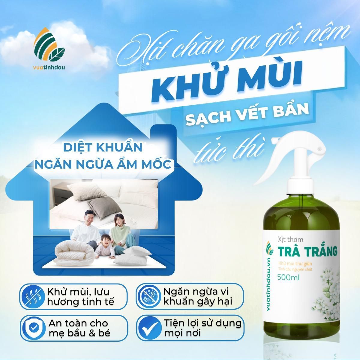 Chai Khử Mùi Khử Khuẩn Xịt Thơm Chăn Ga Gối Đệm VUATINHDAU 100ml-500ml Vệ Sinh Giặt Khô Nệm Giường