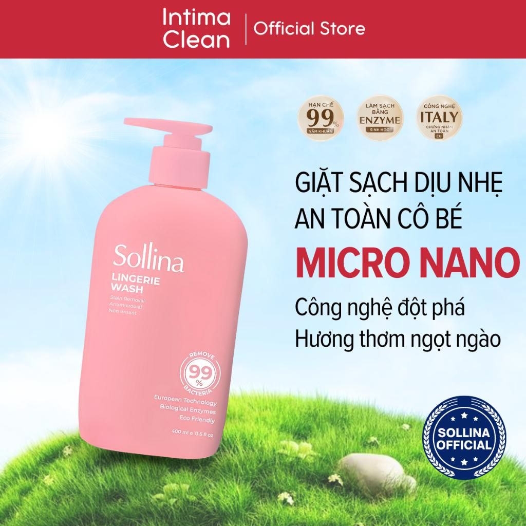 Nước Giặt Quần Lót Sollina Loại Bỏ Sạch Vi Khuẩn Mùi Hôi Khó Chịu Lưu Giữ Hương Hoa Màu Hồng 400ml