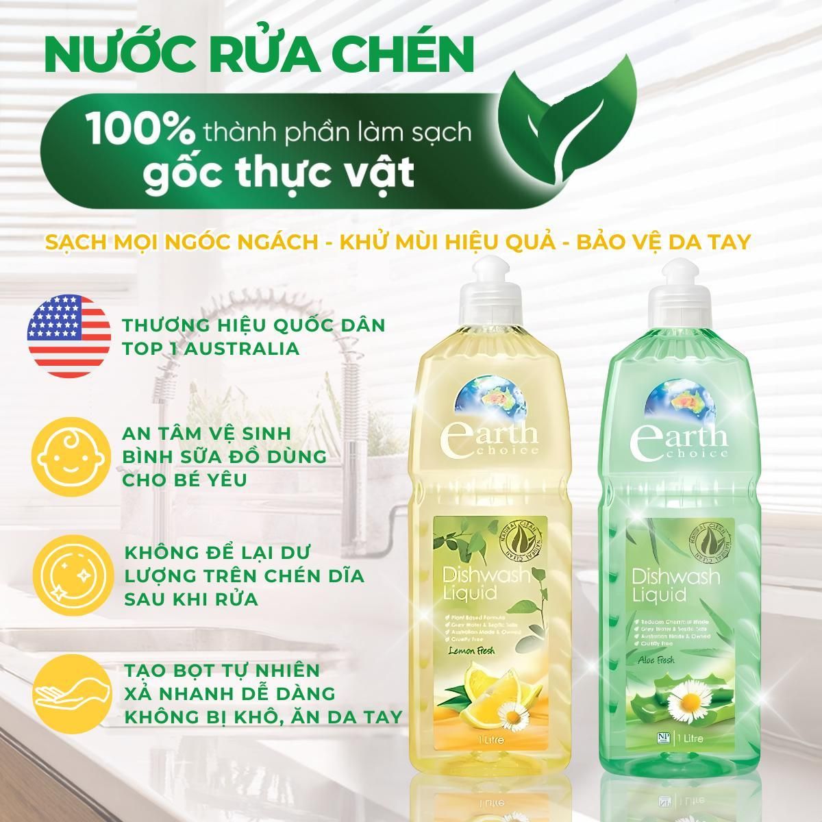 Nước Rửa Bát Sinh Học Nha Đam, Chanh 1L Earth Choice
