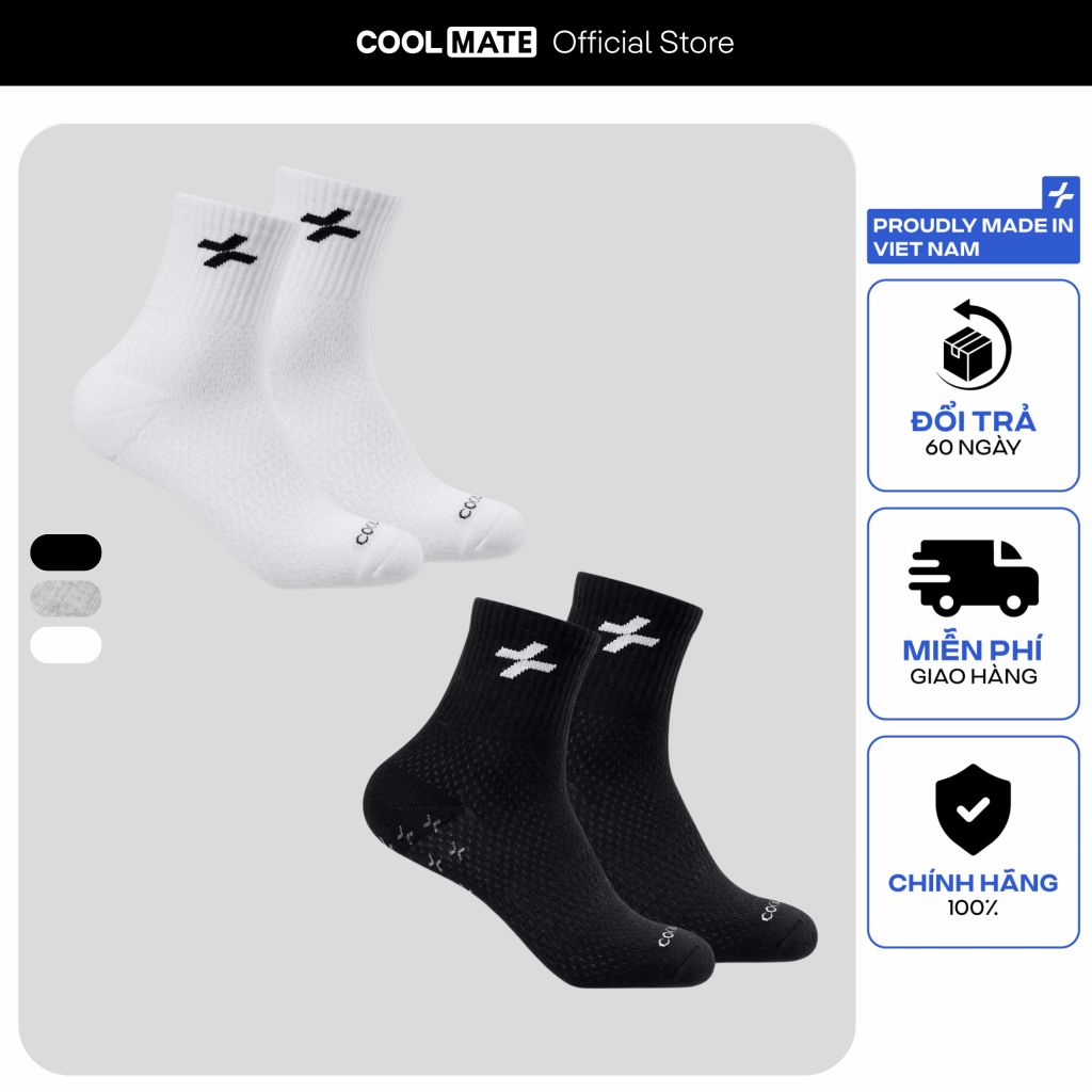 [SALE TẾT]Combo 2 Tất thể thao tập Gym, Pickleball Cổ Trung thấm hút, nhanh khô, chống trượt Coolmate